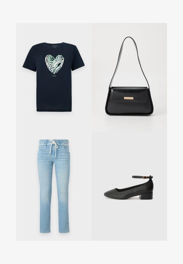 Mornarsko modra bombažna majica s podatkovnimi grafikami v obliki srca v zelenih in smetanastih spiralah. Okrogli izrez, kratki rokavi in ravni rob.; Svijetloplave traperice ravnog kroja, s bijelim konopcem u struku i suptilnim izbljeđivanjem kroz cijelu površinu.; Črne usnjene pumpice z nazobčanimi prsti in nizko blokasto peto. Imajo trak okoli gležnja z zaponko v zlatem tonu. Gladka tekstura.; Črna usnjena torbica z obliko trikotnika, ozkim trakom in zlatimi dodatki, ki vključujejo oznako na sprednjem poklopcu.
