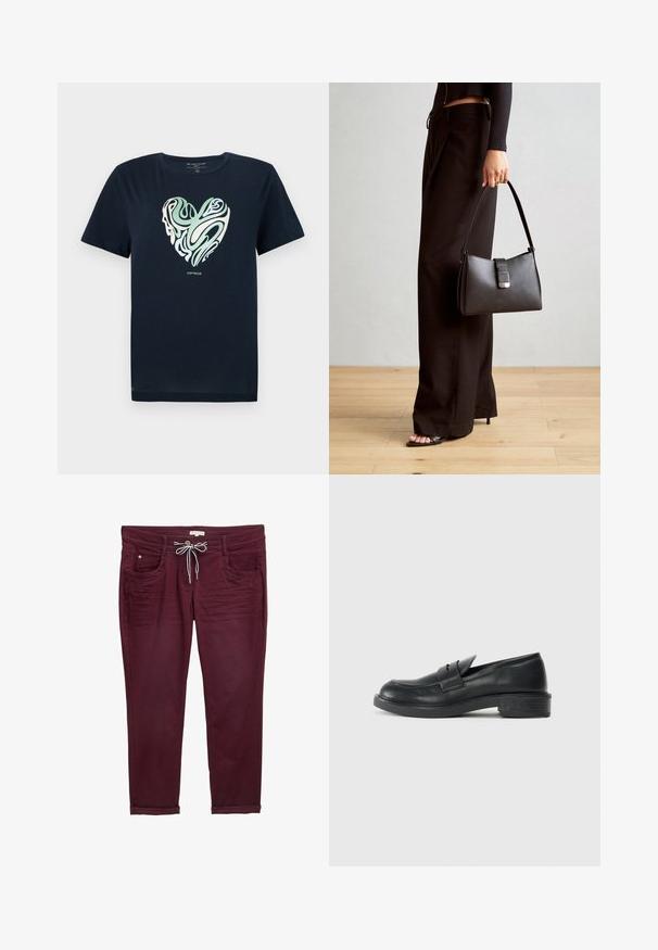 Mornarsko modra bombažna majica s podatkovnimi grafikami v obliki srca v zelenih in smetanastih spiralah. Okrogli izrez, kratki rokavi in ravni rob.; Bordo hlače z vrvico v pasu, sprednjimi žepi in zvitimi manšetami. Narejene so iz mehkega blaga z gladko teksturo in diskretnimi šivi.; Črne usnjene loafer čevlje z zaobljenim nosom, šivanim detajlom in majhnim peto. Gladka tekstura in fleksibilen gumijast podplat.; Črna torbica z strukturirano obliko, gladko teksturo in kovinskim zaponko. Ujemajo se z širokimi črnimi hlačami in odprtimi sandali na lesenem tleh.