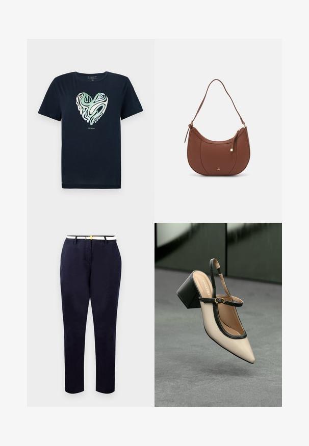 Navy blue cotton T-shirt with a heart-shaped graphic in green and cream swirl patterns. Crew neck, short sleeves, and a straight hem.; Navy chinos with a slim fit, cotton fabric, and a white belt featuring a gold-tone buckle. Smooth texture, straight legs, minimalistic design.; Beige high-heeled slingback shoe with pointed toe, black trim, and buckle detail. Smooth material with a matte finish, medium block heel.; Brown faux leather shoulder bag with curved shape, minimal stitching, and a gold-tone hardware accent. Features a top zipper closure and adjustable strap.