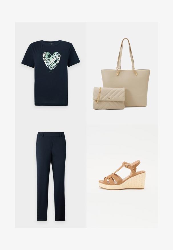 Tricou din bumbac de culoare bleu marin, cu un grafic în formă de inimă în modele de swirl verde și crem. Gât rotund, mâneci scurte și o margine dreaptă.; Pantaloni navy blue fabricați dintr-un material moale, elastic. Au un front plat, bucle pentru curea și un design cu picior subțire și conic.; Santoți cu toc wedge în nuanță de bej, cu un design cu bretele încrucișate, cataramă reglabilă la gleznă și un toc texturat, stil espadrilă.; Geantă tote bej cu mânere plate, textură netedă și elemente de metal aurii, asociată cu un clutch matlasat asortat, având un bretele din lanț.