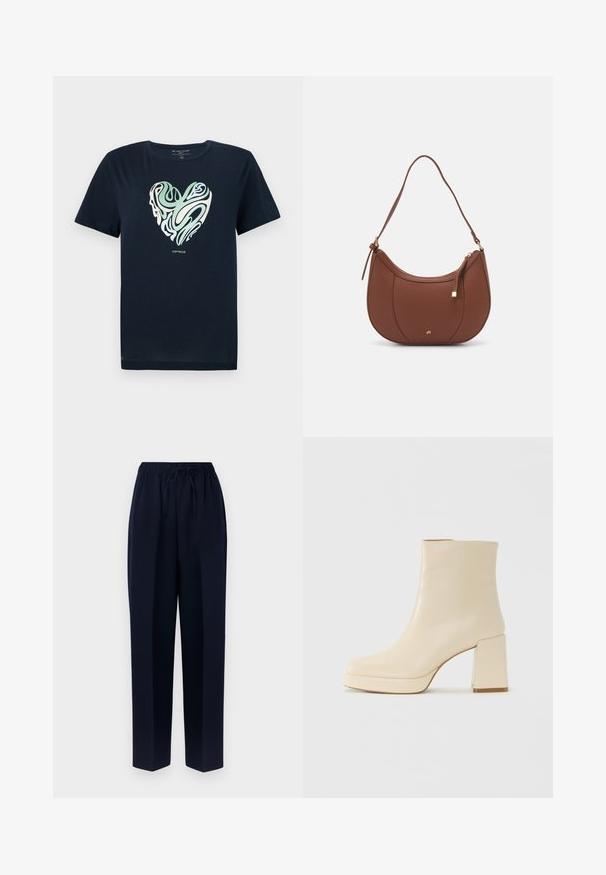 Tengerészkék pamut póló szív alakú grafikával zöld és krémszínű örvénylő mintákban. Kerek nyakkivágás, rövid ujjakkal és egyenes szegéllyel.; Tengerész kék, bőszárú nadrág rugalmas derékrésszel és állítható zsinórral. Simogatószövetből készült, egyenes vonalú, zsebek nélkül.; Beige bőr bokacsizma bársonyos felülettel, tömbsarokkal és platform talppal, enyhén szögletes orral, balra nézve, fehér háttér előtt.; Barna műbőr válltáska ívelt formával, minimális varrással és arany színű kiegészítőkkel. Jellemzője a felső cipzáras záródás és állítható pánt.