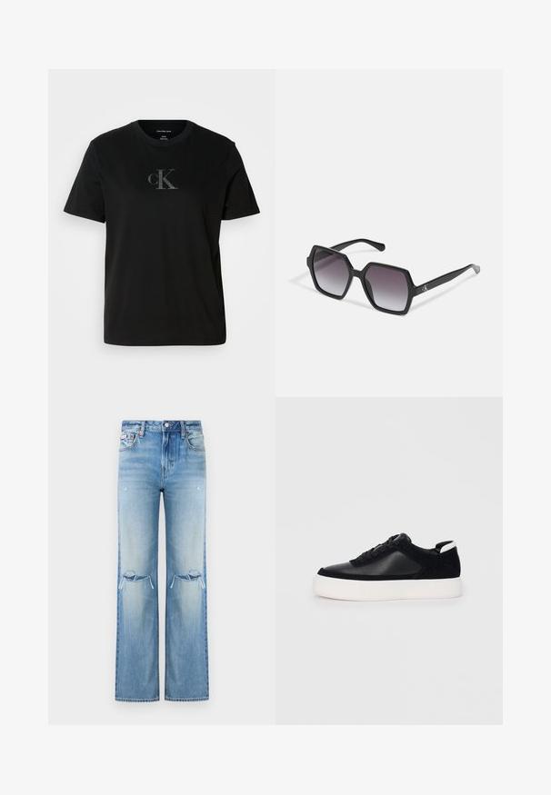 Mustad must t-särk lühikeste varrukatega, millel on rinna peal diskreetne hall cK logo. Ümar kaelus ja lõdva istuvusega otse alläär.; Heledad sinine teksapüksid kõrge vöökoha ja laia säärega, millel on kulumisjäljed põlvedel ja kerge tuhmunud efekt kogu kangas.; Mustad mustad spordijalanõud siledast nahast ja sametist paneelidega, lame nööriga, ümar varvas ja valge kummist tallaga. Erakordne logo kontsas.; Mustad kuuekülgsed prillid gradueeritud läätsedega, millel on läikiv viimistlus ja peene bränding põlvel. Vastupidav plastikust konstruktsioon.