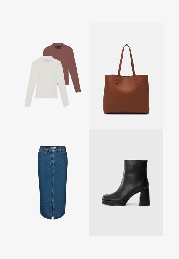 Dos tops de cuello alto de manga larga: uno en blanco y otro en marrón óxido, confeccionados en una tela ligera y elástica con un diseño ajustado.; Falda lápiz de mezclilla en azul oscuro, con una abertura frontal, cinco bolsillos y costuras en contraste. Cintura de altura media con un diseño clásico.; Botín de cuero negro con tacón cuadrado y suela de plataforma, visto de lado sobre un fondo blanco liso.; Bolso tote de cuero marrón con una textura suave, diseño de apertura superior y dos correas para el hombro. Presenta una costura mínima y sin herrajes visibles.