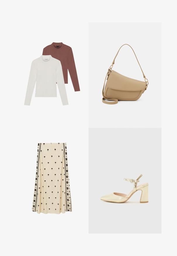 Two long-sleeve turtleneck tops: one in white and one in rust brown, made of lightweight, stretchy fabric with a fitted design.; Cream-colored skirt with small black palm tree print, featuring intricate black border patterns along the sides, made from lightweight fabric.; Gold metallic heeled shoe with a pointed toe, an ankle strap featuring a circular clasp, and a chunky heel design. Smooth texture.; Even&Odd Handbag - beige