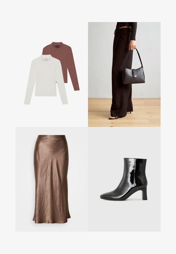To langermede genser med høy hals: en i hvit og en i rustrød, laget av lett, elastisk stoff med en tettsittende design.; Kobberfarget, midilengde skjørt laget av rynket stoff; glatt tekstur med en svak glans; subtil utvidelse ved kanten.; Sorte patentlær ankle boot med spiss tå og en mellomhøy blokkhelt. Glatt tekstur og minimalistisk design.; Svart håndveske med strukturert form, jevn tekstur og metallisk lås. Kombinert med brede svarte bukser og sandaler med åpen tå på tregulv.