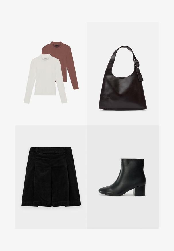 Două bluze din material fin cu guler înalt și mânecă lungă: una albă și cealaltă de culoarea cărămizi, realizate dintr-un material ușor, elastic, cu un design ajustat.; Fustă din catifea neagră cu un design plisat, având un croi drept, o suprafață texturată și un brâu pentru o potrivire sigură.; Cizme negre din piele până la gleznă, cu vârf ascuțit și toc robust. Textură netedă, cu accente minime și un design elegant, ajustat.; Geantă de umăr din piele maro, cu o textură netedă, formă rotunjită, curea largă și un accent metallic circular pe mânere.