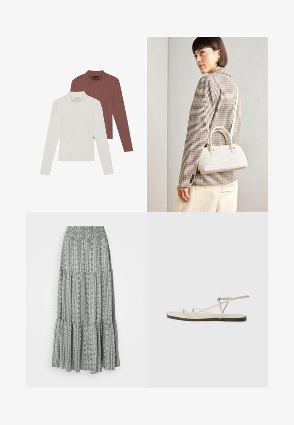 To langermede genser med høy hals: en i hvit og en i rustrød, laget av lett, elastisk stoff med en tettsittende design.; Lang, lagdelt skjørt i lys grå med svarte blomster- og stripemønstre. Elastisk liv, flytende design og teksturert stoff.; Beige flate sandal med flere slanke stropper og en justerbar spenne. Sålen er flat med en svak mørk kontrast langs kanten.; Hvit strukturert håndveske med korte håndtak og skulderreim, med detaljer i gullfinish og teksturert materiale, vist mot en grå bakgrunn.; Sølv ring med dobbelt bånd og en glatt, polert overflate. Har et flytende, buet design med overlappende seksjoner for et moderne utseende.
