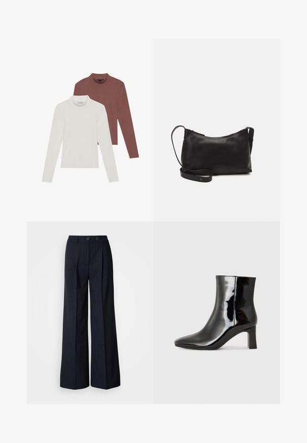 Two long-sleeve turtleneck tops: one in white and one in rust brown, made of lightweight, stretchy fabric with a fitted design.; Navy pinstriped wide-leg trousers with two front buttons, tailored design, crease down the front, and a smooth texture.; Black patent leather ankle boot with a pointed toe and a mid-height block heel. Smooth texture and minimalist design.; Black leather shoulder bag with a smooth texture, curved shape, adjustable strap, and a zip closure. Minimalist design without embellishments.