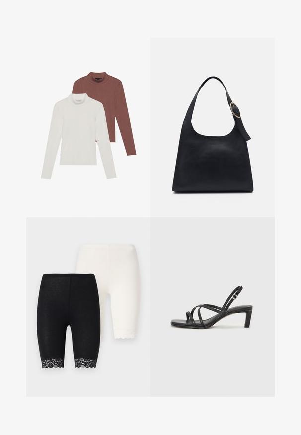 Kaksi pitkähihaista poolopaitaa: yksi valkoinen ja yksi ruosteenruskea, valmistettu kevyestä, joustavasta kankaasta, jossa on istuva muotoilu.; Mustat ja valkoiset venyvää materiaalia olevat sortset, joissa on pitsikoristelu helmoissa. Mustassa parissa on kukkakuvioista pitsiä, kun taas valkoisessa parissa on yksivärinen reunus.; Mustat hihnalligat, joissa on neliön muotoinen kärki ja matala lohkokorko. Ominaisuuksiin kuuluu useita ohuita hihnoja ja säädettävä nilkkahihna. Valmistettu sileästä nahasta.; Mustat nahkakassit, joissa on sileä pinta, pyöreä muoto ja yksi olkahihna, jossa on pyöreä kultainen varuste.; Hopeakoru drop -korvakorut, joissa on neliömuotoinen nappi, sileällä, kiillotetulla pinnalla ja pisaran muotoisella designilla, heijastavat valoa kiiltävän pinnan kautta.