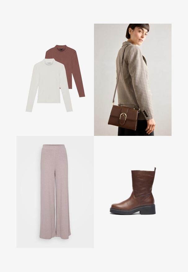 Dvoje dlhých rukávov s rolákovým golierom: jedny v bielej farbe a druhé v hrdzavej hnedej, vyrobené z ľahkej a elastickej tkaniny so priliehajúcim strihom.; Široké nohavice vyrobené z mäkkej, ryhovanej látky v svetlo fialovej farbe. Majú elastický pás pre pohodlie a plynulý siluetu.; Hnedá kožená členková obuv s okrúhlou špičkou, masívnou čiernou platformou a krátkým vrchom. Obsahuje pútko pre jednoduché obúvanie.; Hnedá kožená taška cez telo s zlatou kovovou sponou, obdĺžnikový tvar, hladká textúra a odnímateľný popruh.