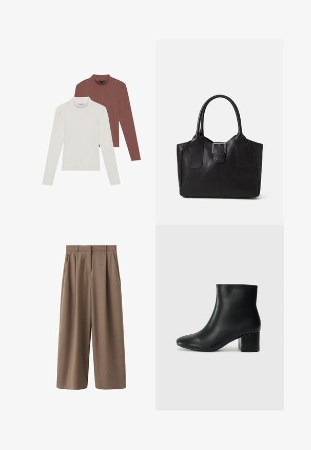 Două bluze din material fin cu guler înalt și mânecă lungă: una albă și cealaltă de culoarea cărămizi, realizate dintr-un material ușor, elastic, cu un design ajustat.; Pantaloni maro cu picioare lejere, cu o textură netedă, pliuri frontale și talie înaltă. Prezentă un design croit și buzunare laterale.; Cizme negre din piele până la gleznă, cu vârf ascuțit și toc robust. Textură netedă, cu accente minime și un design elegant, ajustat.; Geantă tote din piele neagră cu textură netedă, formă structurată, două mânere și un detaliu proeminent din aliaj de argint pe partea din față.