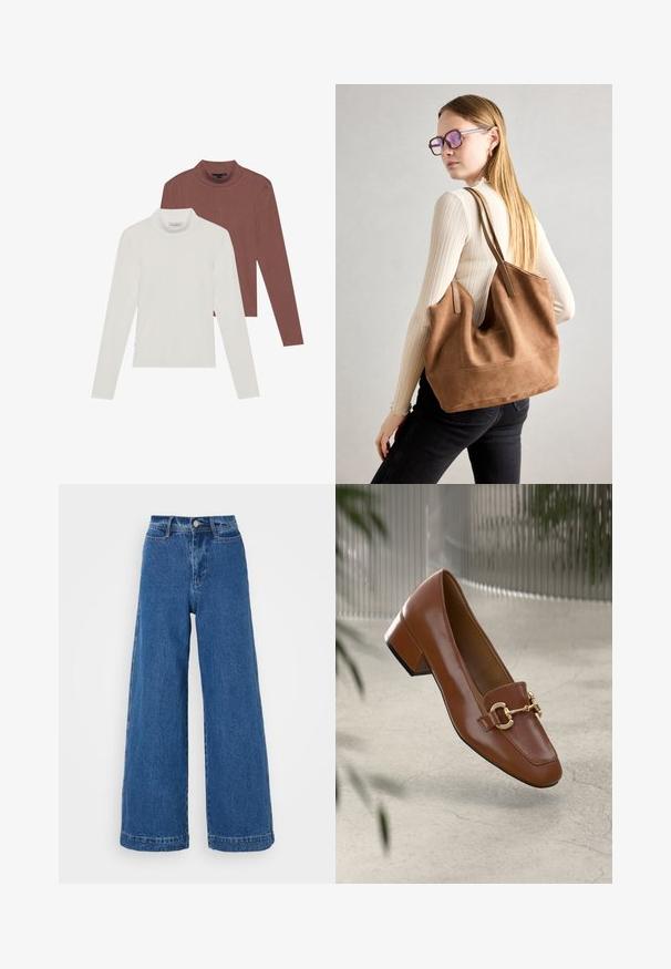 Dva dolga majica s turtleneck ovratnikom: ena v beli in ena v rjavi barvi, izdelana iz lahkega, raztegljivega materiala z oprijetim krojem.; Visoke traperice širokih nogavica izrađene od plavog denima. Sadrže prednje kopčanje na dugme, pet džepova i izlizane detalje duž rubova.; Smeđi lakirani loafer s kvadratnim vrhom, metalnim lancem kao naglaskom i niskom blok petom; glatka tekstura, minimalistički dizajn.; Smeđa suede torba sa mekom teksturom, širokim otvorom i dugim trakama. Ima jednostavan dizajn s vidljivim šavovima i bez hardvera.