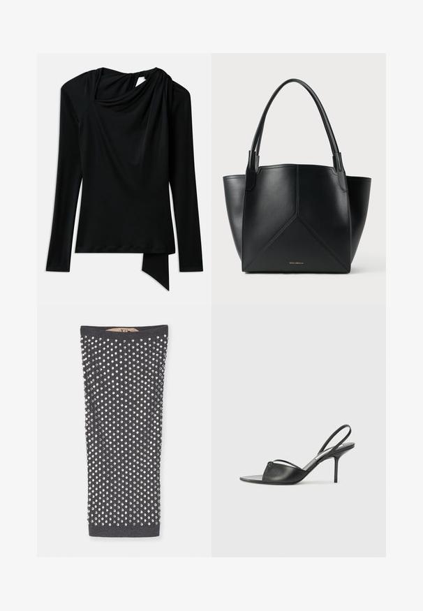 Dugih rukava crna majica od glatkog materijala, s drapiranim izrezom, asimetričnom donjom ivicom i izrezom na leđima.; Cjevasti top u boji ugalj s ukrasima od srebrnih rhinestona u uzorku mreže, s rebrastom teksturom i glatkom unutrašnjošću.; Crne kožne sandale sa otvorenom petom, s izduženim nosom, tankim remenom oko gležnja i stiletto potpeticom. Imaju čvorasti detalj na prednjem delu.; Crna kožna torba s geometrijskim dizajnom, koja ima dva ručka i zlatni brend na prednjem dijelu. Glatka tekstura i strukturirani oblik.