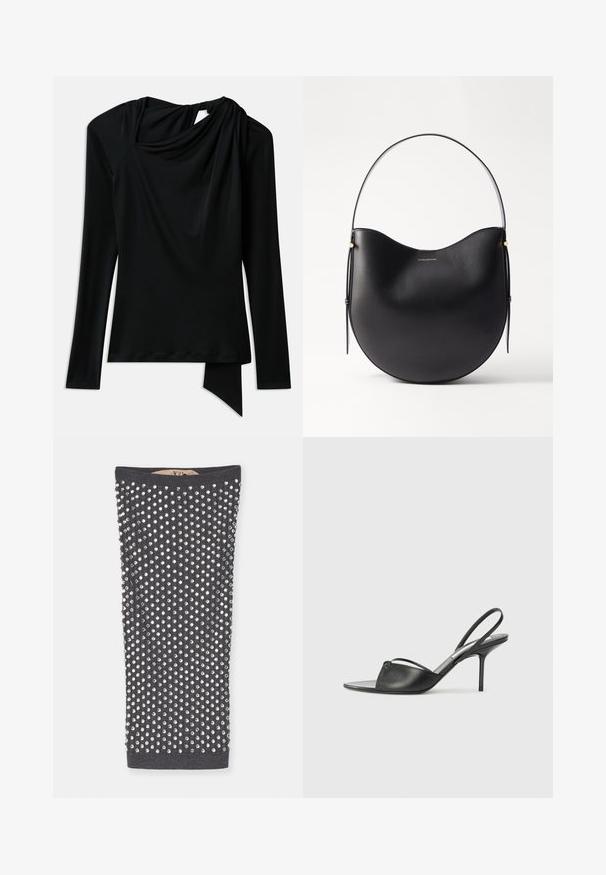 Melnas garām piedurknēm topa izstrādājums, izgatavots no gludas auduma, ar drapētu dekoltē, asimetrisku apakšmali un izgriezumu detaļu aizmugurē.; Ogļu pelēka tube top ar sudraba rhinestones, kas izklātas režģī, izceļoties ar ribota tekstūru un gludu iekšpusi.; Melnas ādas siksniņu augstpapēžu kurpes ar norādītu purngalu, plānu potītes siksniņu un stiletto papēdi. Arī ar sasietu detaļu uz vamp.; Melnas ādas plecu soma ar izliekta formu, plānu rokturi un smalkiem zelta akcentiem. Gluda tekstūra ar minimālistisku dizainu.