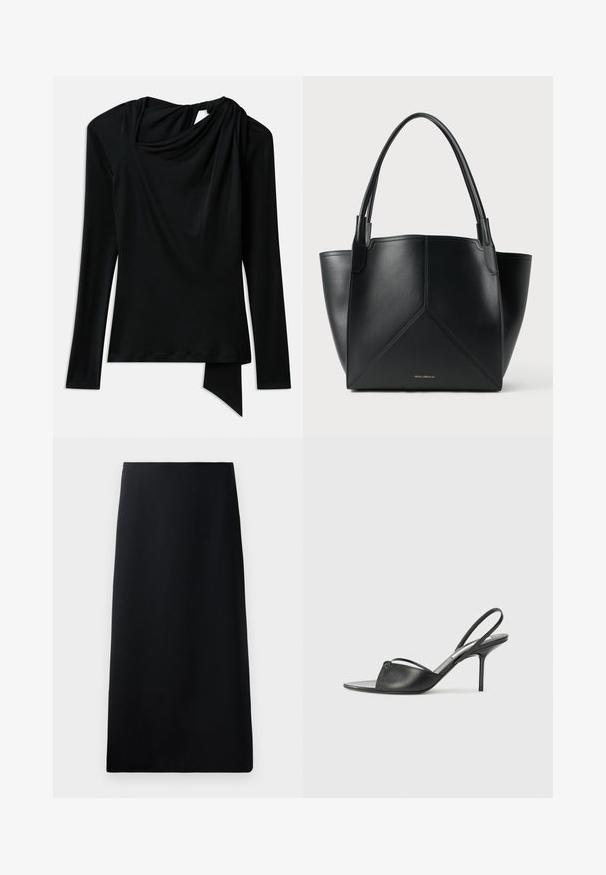 Dolga črna majica z dolgimi rokavi, izdelana iz gladkega materiala, z drapiranim ovratnikom, asimetričnim robom in izrezom na hrbtu.; Črna midi krila iz gladkega materiala, ki se ponaša s strukturo silhuete, z neposredno obliko in brez vidnih vzorcev ali okrasnih elementov.; Črni usnjeni slingback petni čevlji z ostrim nosom, tankim zapestnim trakom in stiletto peto. Imajo zanko na površini.; Črna usnjena torba za prenašanje z geometrijskim vzorcem, ki ima dve ročki in zlat tisk na sprednji strani. Gladka tekstura in strukturirana oblika.