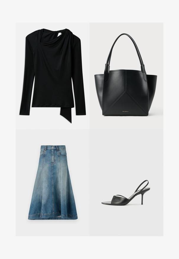 Dlouhý rukáv černého topu z hladkého materiálu, který má splývavý výstřih, asymetrický spodní lem a výřez na zádech.; Denimová A-čková sukně v světlomodrém odstínu s vysokým pasem, bočními kapsami a švy, které sahají až k lemování.; Černé kožené lodičky na odkryté patě s špičatou špičkou, tenkým řemínkem kolem kotníku a jehlovým podpatkem. Obsahují uzlový detail na nártu.; Černá kožená taška na rameno s geometrickým designem, vybavená dvěma uchy a zlatým brandingem na přední straně. Hladká textura a strukturovaný tvar.