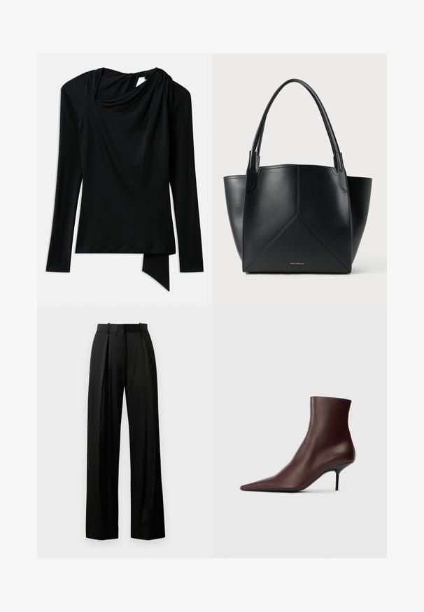 Dugih rukava crna majica od glatkog materijala, s drapiranim izrezom, asimetričnom donjom ivicom i izrezom na leđima.; Crne široke hlače izrađene od lagane tkanine s krojem koji dobro pristaje, s prednjim nabranim detaljima i ravnim pojasom s petljama.; Bordo kožni gležnjača s oštrim nosom i elegantnim, prilagođenim dizajnom; ima tanku crnu stiletto petu.; Crna kožna torba s geometrijskim dizajnom, koja ima dva ručka i zlatni brend na prednjem dijelu. Glatka tekstura i strukturirani oblik.
