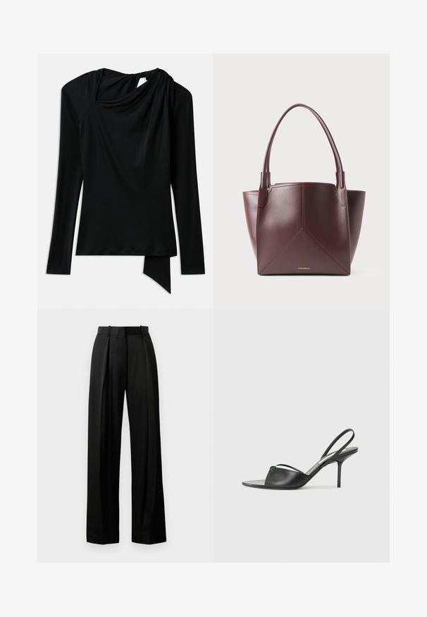 Hosszú ujjú fekete felső sima anyagból, drapírozott nyakkivágással, aszimmetrikus szegéllyel és kivágással a háton.; Fekete, széles lábú nadrág könnyű anyagból, testhezálló fazonnal, elülső redőkkel és lapos derékpánttal, amelyen övhurkok találhatóak.; Fekete bőr, hátsó pántos, hegyes orrú magassarkú cipők vékony bokapánttal és stiletto sarkukkal. Az orrban csomózott részlet található.; Sötétbarna bőr tote táska, két füllel és geometrikus panel varrással, az alján, középen elhelyezett, kis arany logóval.