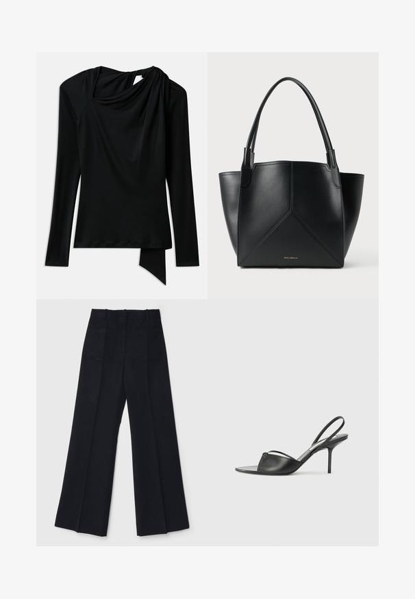 Dolga črna majica z dolgimi rokavi, izdelana iz gladkega materiala, z drapiranim ovratnikom, asimetričnim robom in izrezom na hrbtu.; Črne široke hlače iz gladkega materiala, s visokim pasom, dvema zadnjima žepoma in subtilnimi sprednjimi gubami za dodatno obliko.; Črni usnjeni slingback petni čevlji z ostrim nosom, tankim zapestnim trakom in stiletto peto. Imajo zanko na površini.; Črna usnjena torba za prenašanje z geometrijskim vzorcem, ki ima dve ročki in zlat tisk na sprednji strani. Gladka tekstura in strukturirana oblika.