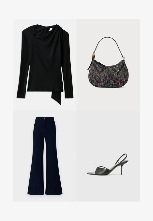 Melnas garām piedurknēm topa izstrādājums, izgatavots no gludas auduma, ar drapētu dekoltē, asimetrisku apakšmali un izgriezumu detaļu aizmugurē.; Tums zila flared džinsu bikses ar vidējo vidukli, ar divām aizmugurējām kabatām un pogu aizdari. Izgatavotas no denima ar gludu tekstūru.; Melnas ādas siksniņu augstpapēžu kurpes ar norādītu purngalu, plānu potītes siksniņu un stiletto papēdi. Arī ar sasietu detaļu uz vamp.; Melnā rokassoma ar izliektu formu, kurai ir daudzkrāsaina zigzaga raksts un metālisks diegs. Tai ir ādas siksna un zelta krāsas aksesuāri.