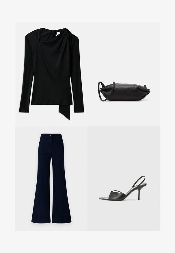 Dlouhý rukáv černého topu z hladkého materiálu, který má splývavý výstřih, asymetrický spodní lem a výřez na zádech.; Tmavě modré zvonové džíny s mírným pasem, obsahující dvě zadní kapsy a zapínání na knoflík. Vyrobeny z denimu s hladkou texturou.; Černé kožené lodičky na odkryté patě s špičatou špičkou, tenkým řemínkem kolem kotníku a jehlovým podpatkem. Obsahují uzlový detail na nártu.; Černá kožená psaníčko rectangularního tvaru, hladké textury, tenkého ramenního popruhu a minimalistického designu.