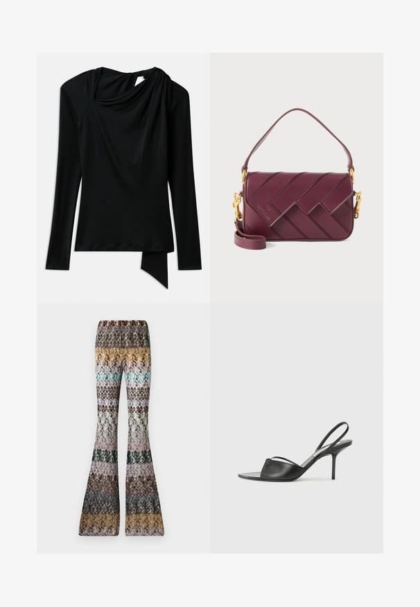 Cămașă neagră cu mânecă lungă, dintr-un material fin, având un decolteu drapat, un tiv asimetric și un detaliu decupat la spate.; Pantaloni tricotati evazați cu dungi orizontale multicolore în tonuri pământii, inclusiv muștar, teal, maro, negru, roz și gri.; Cizme cu toc înalt din piele neagră, cu vârf ascuțit, curea subțire la glezne și toc stiletto. Prezintă un detaliu legat pe vamp.; Geantă crossbody din piele burgundy cu un model împletit, accente metalice aurii, curea ajustabilă și închidere cu clapetă.