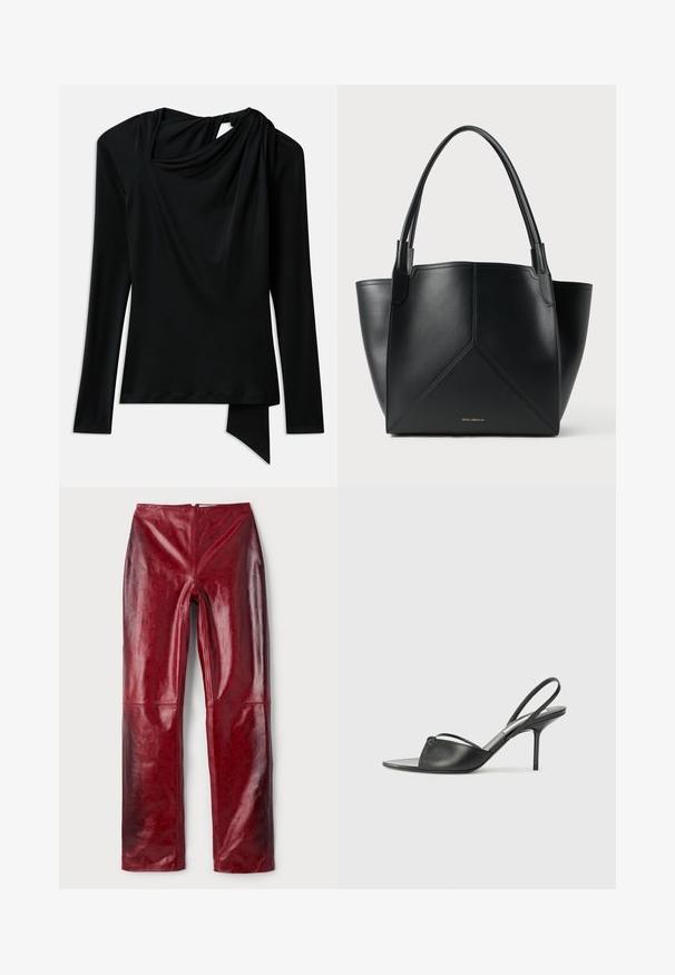 Juodas ilgomis rankovėmis viršus, pagamintas iš lygaus audinio, su drapiruotu kaklu, asimetriniu apačiu ir išpjova nugaroje.; Raudonos dirbtinės odos kelnės su blizgiu paviršiumi, turinčios subtilų reljefinį raštą, tiesaus kirpimo dizainą ir užpakalinį užtrauktuką.; Juodos odinės slingback aukštakulnės bateliai su smailiu priekiniu galu, plona kulkšnies juostele ir stiletto kulnu. Papuošti mazginio detalė vampyro dalyje.; Juodas odinis nešiojimo krepšys su geometriniu dizainu, turintis dvi rankenas ir auksinį prekės ženklą priekyje. Lygus paviršius ir struktūrizuota forma.