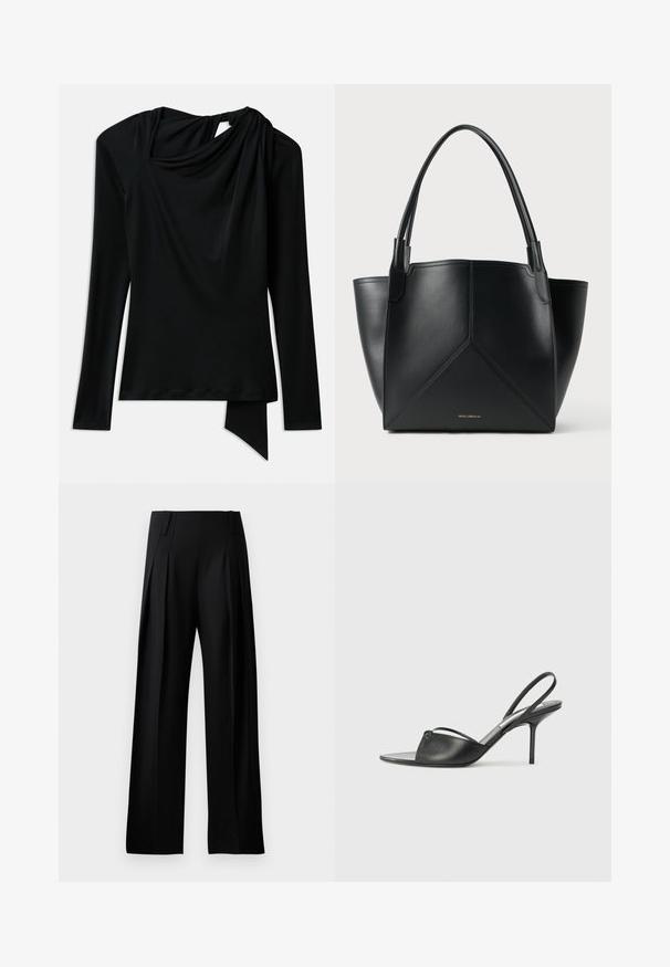 Hosszú ujjú fekete felső sima anyagból, drapírozott nyakkivágással, aszimmetrikus szegéllyel és kivágással a háton.; Fekete, testre szabott nadrág széles szárú kialakítással, elöl pliszírozott részletekkel és sima textúrával. Nincs látható fémhardware vagy minta.; Fekete bőr, hátsó pántos, hegyes orrú magassarkú cipők vékony bokapánttal és stiletto sarkukkal. Az orrban csomózott részlet található.; Fekete bőr totes táska geometrikus mintával, két füllel és aranyszínű logóval az elején. Simább textúra és strukturált forma.