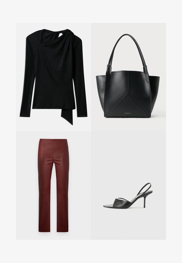 Dolga črna majica z dolgimi rokavi, izdelana iz gladkega materiala, z drapiranim ovratnikom, asimetričnim robom in izrezom na hrbtu.; Burgundske hlače iz umetnega usnja z ozkim krojem, gladke teksture, z ravnim krojem hlačnic, brez vidnih kovinskih dodatkov ali poudarkov.; Črni usnjeni slingback petni čevlji z ostrim nosom, tankim zapestnim trakom in stiletto peto. Imajo zanko na površini.; Črna usnjena torba za prenašanje z geometrijskim vzorcem, ki ima dve ročki in zlat tisk na sprednji strani. Gladka tekstura in strukturirana oblika.
