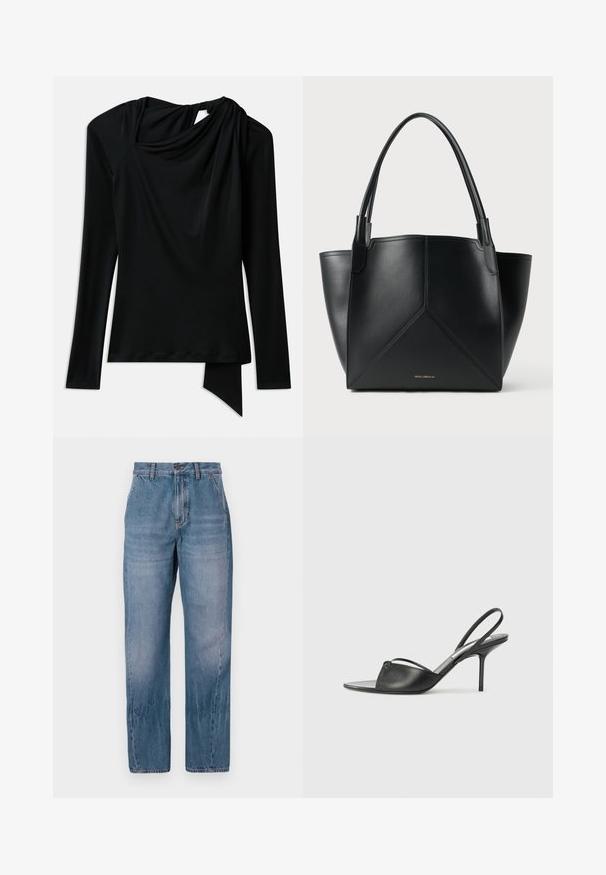 Juodas ilgomis rankovėmis viršus, pagamintas iš lygaus audinio, su drapiruotu kaklu, asimetriniu apačiu ir išpjova nugaroje.; Šviesiai mėlyni džinsai su tiesiu kirpimu, aukštu liemeniu, subtiliu išblukimu ir penkiomis kišenėmis. Su priekiniais mygtukais ir užtrauktuku.; Juodos odinės slingback aukštakulnės bateliai su smailiu priekiniu galu, plona kulkšnies juostele ir stiletto kulnu. Papuošti mazginio detalė vampyro dalyje.; Juodas odinis nešiojimo krepšys su geometriniu dizainu, turintis dvi rankenas ir auksinį prekės ženklą priekyje. Lygus paviršius ir struktūrizuota forma.