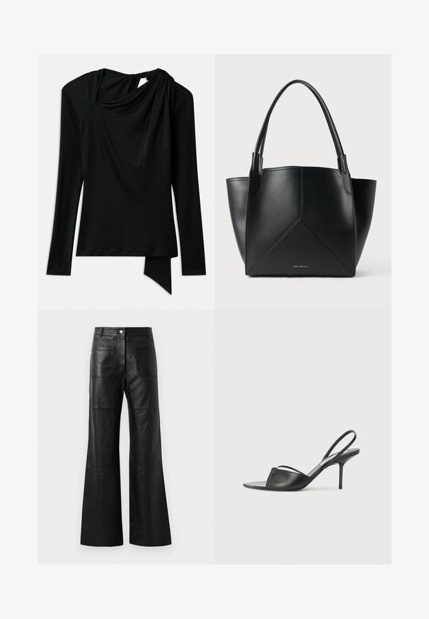 Cămașă neagră cu mânecă lungă, dintr-un material fin, având un decolteu drapat, un tiv asimetric și un detaliu decupat la spate.; Pantaloni evazați din piele neagră, cu buzunare frontale și închidere cu button. Materialul este neted, cu o ușoară strălucire și detalii vizibile ale cusăturilor.; Cizme cu toc înalt din piele neagră, cu vârf ascuțit, curea subțire la glezne și toc stiletto. Prezintă un detaliu legat pe vamp.; Geantă tote din piele neagră cu un design geometric, având două mânere și un logo auriu pe partea din față. Textură netedă și formă structurată.