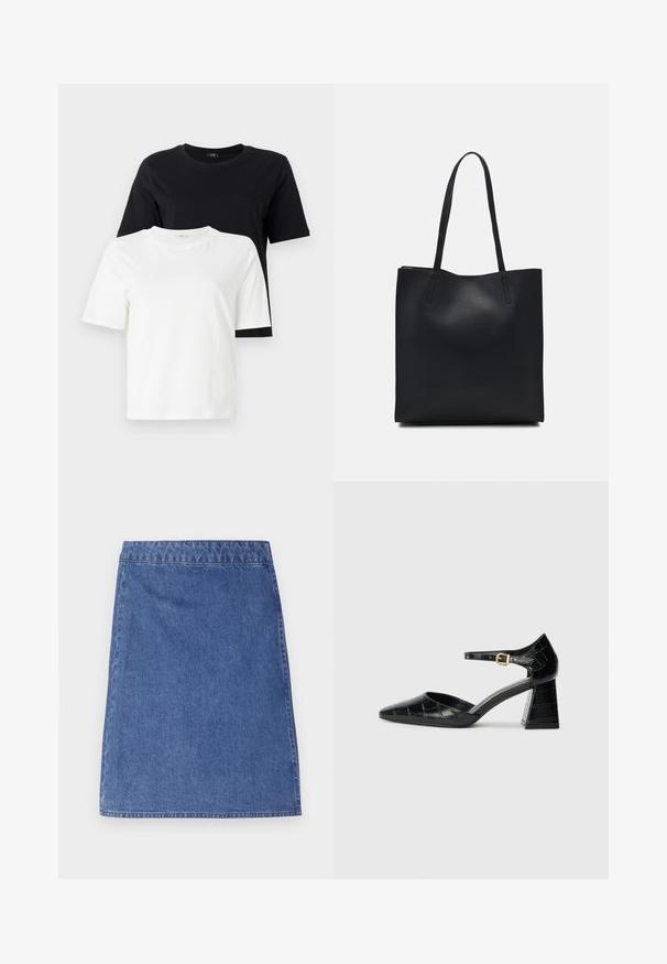 Fekete és fehér pamut pólók. Kerek nyakú, rövid ujjú, laza fazonú. A fekete póló a fehér póló fölött van kiállítva.; Közepesen kék farmer mini szoknya, jól illeszkedő derékrésszel és egyenes szabással. Simább textúrával és egyszerű szegéllyel rendelkezik.; Fekete lakkbőr magassarkú cipő hegyes orral, bokapánttal és texturált krokodilmintával. Négyzet alakú blokk sarok kialakítás.; Fekete bőrtáska sima felszínnel, téglalap alakú, két hosszú füllel. Nincs látható fémkiegészítő vagy díszítés.