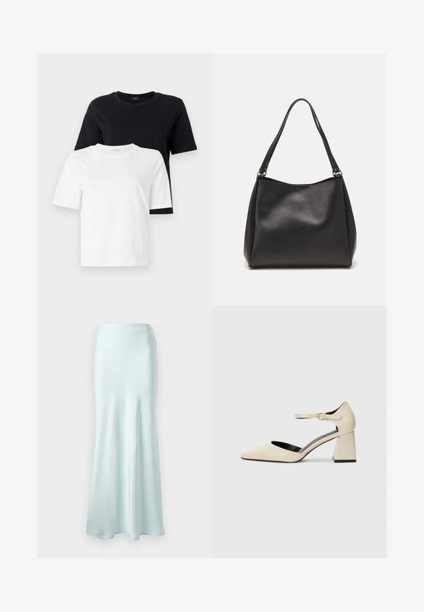 Fekete és fehér pamut pólók. Kerek nyakú, rövid ujjú, laza fazonú. A fekete póló a fehér póló fölött van kiállítva.; Világoskék selyem maxi szoknya sima textúrával, bővülő aljjal és testre simuló derékrésszel. A lágy vonalvezetésért tervezték.; Beige műbőr, blokk sarkú cipők hegyes orral, boka pánttal és finom krokodil bőr textúra részletezéssel. Fekete bélés.; Fekete szintetikus bőr kézitáska puha tapintással, hobo forma, és dupla vállpánt; fényes felülettel és minimál stílussal rendelkezik.