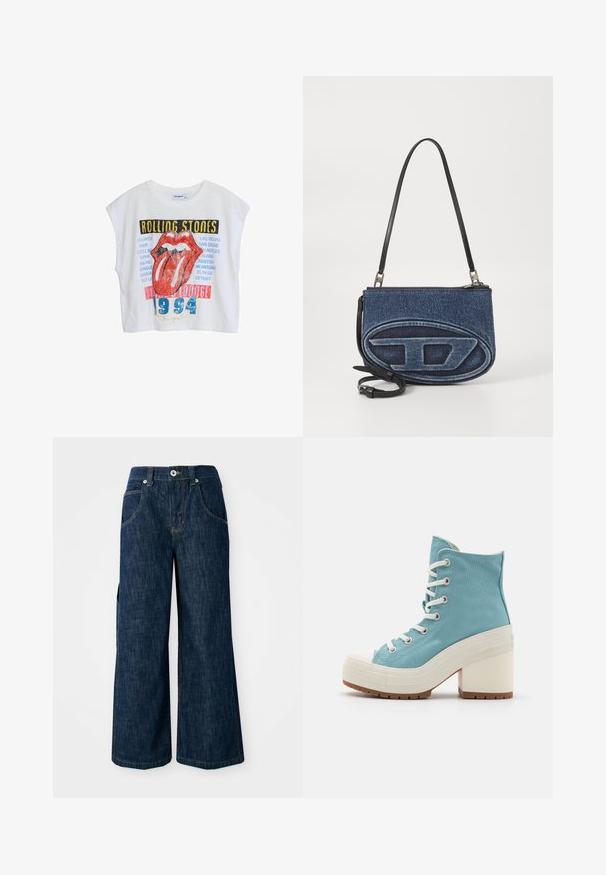 Valkoinen lyhyt cropped-t-paita, jossa on Rolling Stones -graafinen printti, mikä sisältää punaiset huulet, kaupunkinimiä ja "1994" sinisellä, suunniteltu rentoon istuvuuteen ja hihattomiin hihoihin.; Tummansinisen denim-kankaan väljät farkut, joissa on korkea vyötärö, etutaskut ja kontrastiväriset tikkaukset. Kangas on sileä ja kestävä.; Vaaleansiniset kangashuput, joissa on valkoiset nauhat, kuminen varvaskuppi ja paksu valkoinen korko. Kuivapintainen pohja pitoa varten.; Denim-mallinen olkalaukku, jossa on musta nahkahihna, etupuolella ovale logo -kuvio ja vetoketjukiinnitys ylhäällä. Rakeinen pinta.