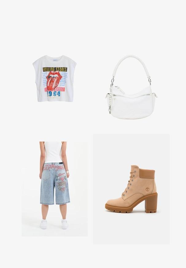 White cropped t-shirt with Rolling Stones graphic, featuring red lips, city names, and "1994" in blue, designed with a relaxed fit and cap sleeves.; Light blue denim shorts with a loose fit, featuring colorful embroidered tiger graphics and text on the back, finished with rolled hems.; Beige suede ankle boot with a chunky brown heel, lace-up front, silver eyelets, and a padded collar. Features a logo on the side.; White faux leather handbag with a curved shape, textured handle, silver hardware, and a zippered pocket. Features a debossed logo.