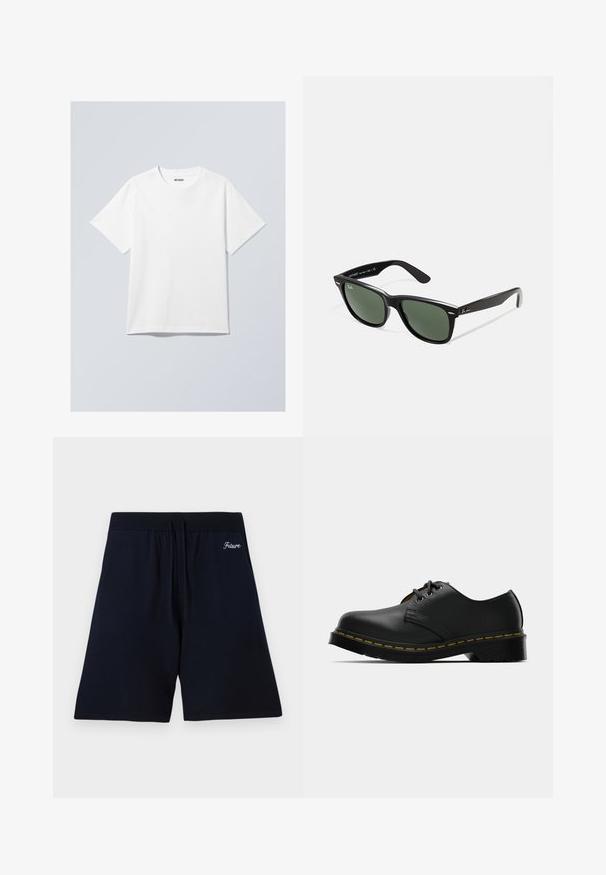 Valge puuvillane T-särk, millel on ümmargune kaelus, lühikesed varrukad ja mugav lõige. Kaeluse lähedal on brändi silt, millel on kirjas "WEEKDAY".; Lühikeste varrukatega särk musta ja beeži ruudulise puuvilla kombinatsioonis, millel on nööbid alla ja vasakul rinnal tasku. Klassikaline ruuduline muster kogu särgi ulatuses.; Tumedad sinised lühikesed püksid pehmest kangast, millel on elastne vöökoht koos nööridega ning tikandiga tekst "Tulevik" ülaservas.; Mustad mustadest nahast jalatsid ümarate varvastega, seotud disainiga, kollase õmblusega äärel ja paksu musta kummist tallaga, et tagada haakumine.; Mustad mustan plastiku prillid roheliste läätsedega, ruudukujulised raamid, hõbedane aksent kulmude peal ja tekstuuriga tempelkäed. Brändi nimi on märgitud sisevarrele.