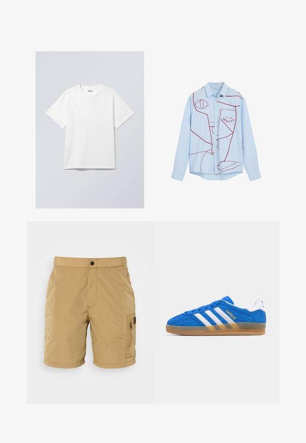 White cotton t-shirt with a crew neck, short sleeves, and a relaxed fit. Features a brand label reading "WEEKDAY" on the neckline.; Light blue button-up shirt featuring red abstract embroidery, including eyes and a toothy design, with a classic collar and long sleeves.; Tan, lightweight shorts with a textured finish, a front pocket, and a side cargo pocket featuring a black zipper and branding detail.; Blue suede sneaker with white stripes and “Gazelle” text. Features gum rubber sole and textured accents on the upper. Classic design.