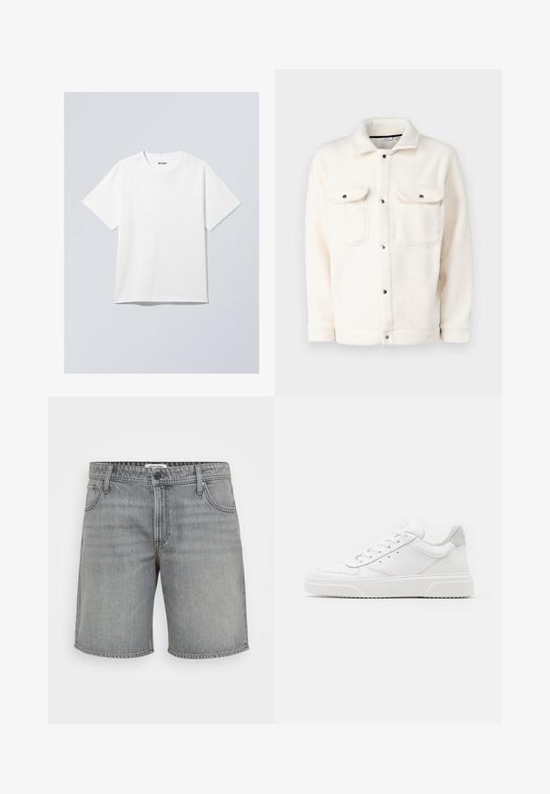 Maglietta bianca in cotone con collo rotondo, maniche corte e vestibilità comoda. Presenta un'etichetta di marca con la scritta "WEEKDAY" sul collo.; Giacca in fleece di colore bianco sporco con chiusura a bottoni, due tasche sul petto e colletto camicia. Presenta una superficie testurizzata e polsini arrotondati.; Pantaloni corti in denim grigio con taglio classico, cinque tasche e chiusura con bottone e zip standard. Texture leggermente sbiadita, orlo pulito.; Sneaker bianche in pelle con finitura liscia, punta arrotondata, lacci piatti e suola texturizzata. Accento in suede grigio sul tallone.