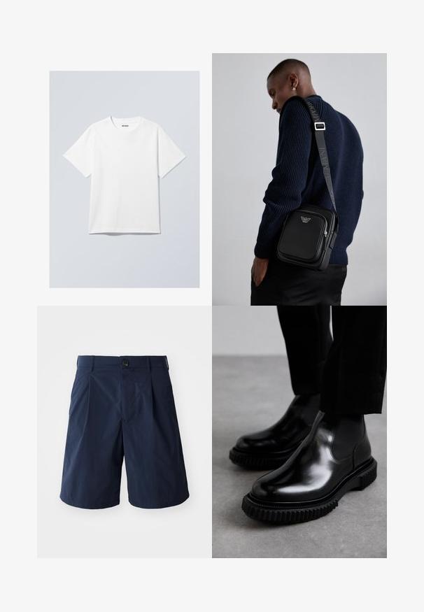 Camiseta blanca de algodón con cuello redondo, mangas cortas y un ajuste holgado. Presenta una etiqueta de marca que dice "WEEKDAY" en el cuello.; Bermudas azul marino de tejido ligero, con cierre de botón, bolsillos laterales y un diseño sencillo con pliegues en la parte delantera.; Botas Chelsea de cuero negro con un acabado suave, paneles laterales elásticos y una suela de goma gruesa y texturizada que presenta un patrón de banda de rodadura resistente.; Bolso cruzado de cuero negro con un compartimento con cremallera, detalle de logo y una correa ajustable de marca. Llevado sobre un suéter de punto azul marino.