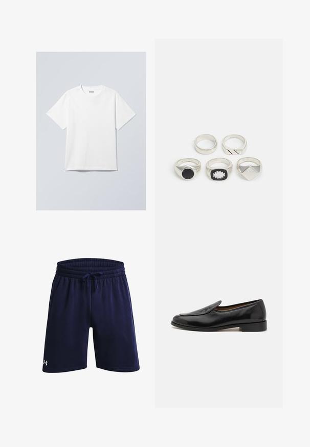 Camiseta blanca de algodón con cuello redondo, mangas cortas y un ajuste holgado. Presenta una etiqueta de marca que dice "WEEKDAY" en el cuello.; Pantalones cortos deportivos en color navy, confeccionados con una tela suave, que cuentan con una cinturilla elástica con cordón y un pequeño logo blanco en la parte inferior izquierda.; Mocasines de cuero negro con un acabado suave, punta redondeada, tacón bajo y cortes laterales para facilitar el uso. Presenta un sutil detalle de logo en la parte frontal.; Cinco anillos de plata: uno con un detalle circular negro, uno con un patrón geométrico en blanco y negro, y otros con diversas formas y acabados.