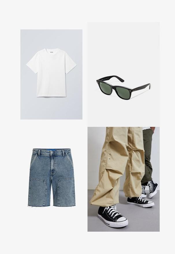 Balta kokvilnas T-kreklu ar apaļu kakla izgriezumu, īsām piedurknēm un brīvu griezumu. Uz kakla ir zīmola birka ar uzrakstu "WEEKDAY".; Gaiši zilas džinsus šortus ar brīvu piegriezumu, šķībiem malām un lielām priekšējām kabatām. Izgatavoti no teksturēta džinsu auduma.; Melni kanvas augstpapēžu sporta apavi ar baltām gumijas zoleēm, kombinēti ar gaiši bežām brīvām biksēm ar sānu kabatām un brīvu piegriezumu.; Melnas plastmasas saulesbrilles ar zaļiem lēciem, kvadrātveida rāmjiem, sudrabainu akcentu uz uzacīm un teksturētām tempļu kājām. Zīmols norādīts uz iekšējās kājas.