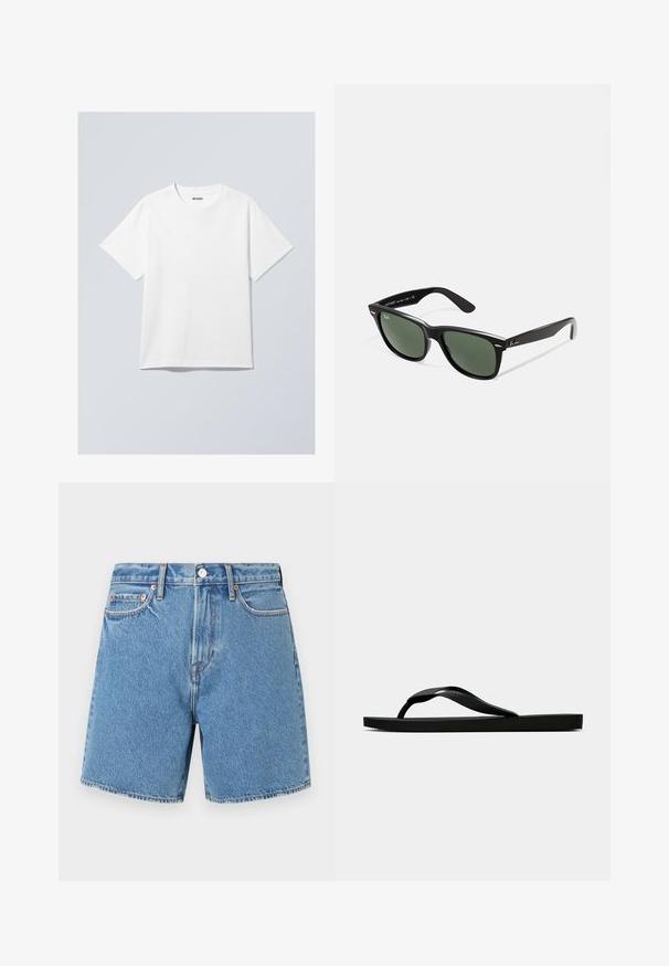 White cotton t-shirt with a crew neck, short sleeves, and a relaxed fit. Features a brand label reading "WEEKDAY" on the neckline.; Denim shorts in light blue. Continuous fabric with five pockets, a button closure, and subtle stitching along the seams and pockets.; Black rubber flip-flop sandal with a textured thong strap and simple flat sole, shown from side on a plain light background.; Black plastic sunglasses with green lenses, square frames, silver accent on the brow, and textured temple arms. Stated brand on inner arm.
