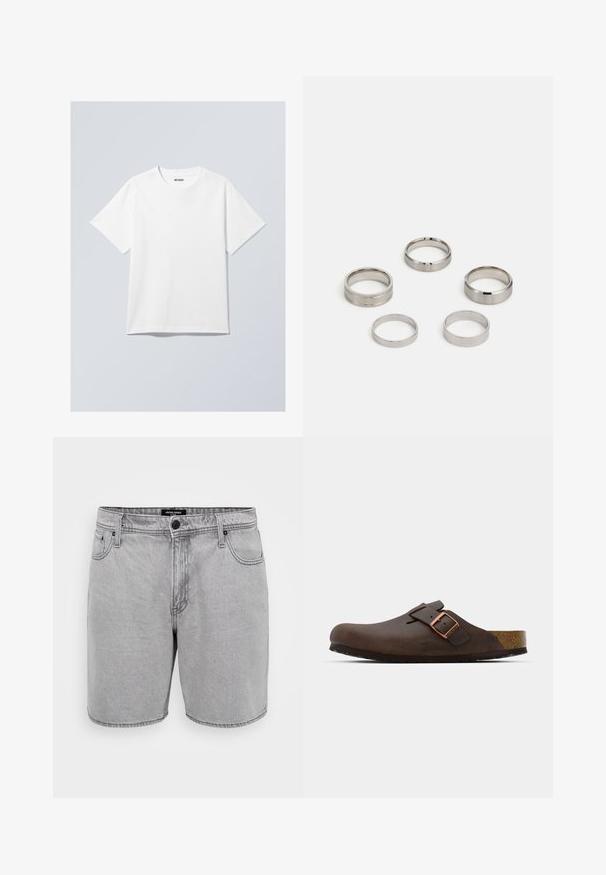 Witte katoenen t-shirt met een ronde hals, korte mouwen en een losse pasvorm. Heeft een merklabel met de tekst "WEEKDAY" op de hals.; Grijze denim shorts met een rechte snit, voorzien van voorzakken, een knopenfly en een klassiek vijf-pocket ontwerp.; Bruine leren klomp met een brede band en een koperen gesp, voorzien van een gestructureerde kurken voetbed en een dikke zwarte rubberen zool.; Set van vijf metalen ringen in verschillende breedtes. De ringen hebben een gladde, gepolijste oppervlakte en een constante zilveren kleur.