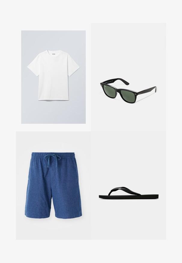 Balta kokvilnas T-kreklu ar apaļu kakla izgriezumu, īsām piedurknēm un brīvu griezumu. Uz kakla ir zīmola birka ar uzrakstu "WEEKDAY".; Zilā austās šortus ar elastīgu jostu, aukliņas aizdari un sānu kabatām. Īsa garuma ar gludu, teksturētu virsmu.; Melna gumijas flip-flop sandaļa ar teksturētu nolaists jostu un vienkāršu plakanā zole, attēlota no sāniem uz vienkārša gaiša fona.; Melnas plastmasas saulesbrilles ar zaļiem lēciem, kvadrātveida rāmjiem, sudrabainu akcentu uz uzacīm un teksturētām tempļu kājām. Zīmols norādīts uz iekšējās kājas.