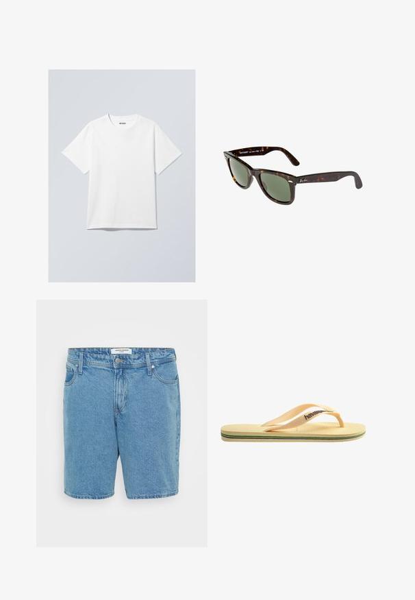 Balta kokvilnas T-kreklu ar apaļu kakla izgriezumu, īsām piedurknēm un brīvu griezumu. Uz kakla ir zīmola birka ar uzrakstu "WEEKDAY".; Gai zila džinsu šorti ar klasisku piegriezumu. Iekļauj piecas kabatas, pogu aizdari un vieglu izbalējušu tekstūru. Izgatavoti no kokvilnas.; Dzeltena gumijas čīpa ar strukturētu zoli, plānām siksniņām un daudzkrāsainām svītrām pa zoli. Zīmola logo uz siksniņas.; Wayfarer saulesbrilles ar tumšu bruņurupuču plastmasas rāmi, zaļiem stikliem un sudraba Ray-Ban logo uz zara.