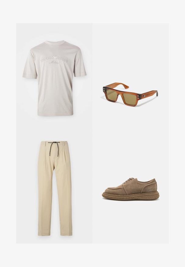 Light beige short-sleeve t-shirt made of soft fabric, featuring embroidered "Emporio Armani Milano" logo in a slightly darker shade.; Beige trousers with a straight fit, featuring a drawstring waist, pleated front, and smooth texture. Simple, versatile design.; Brown suede lace-up shoes with a rounded toe, textured cork sole, and a slightly raised heel. Simple stitching accents on sides.; Square sunglasses with a brown tortoiseshell frame, green lenses, and decorative metal accents on the temples. Textured arms.
