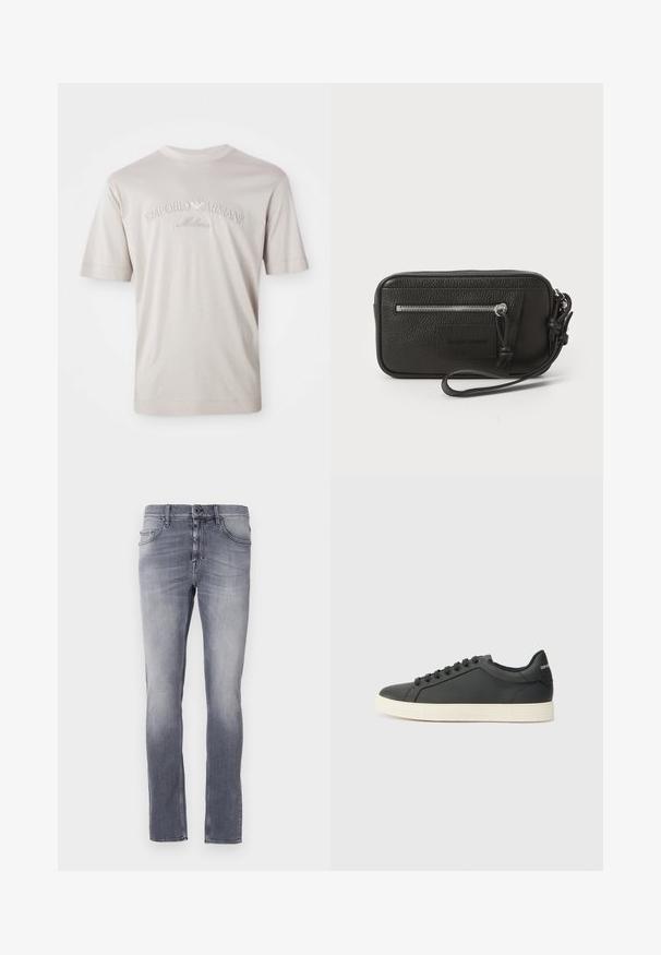 Világos bézs, rövid ujjú póló, puha anyagból, amelyen hímzett "Emporio Armani Milano" logó található egy kicsit sötétebb árnyalatban.; Szürke farmernadrág, elhalványodott mosással, egyenes szabással, öt zsebbel, övhurkokkal és fémből készült gombos záródással a derékrészen.; Fekete bőr sportcipő alacsony profilú, lekerekített orral és fűzős záródással; texturált gumitalppal és logó részlettel a saroknál.; Fekete bőr kézitáska texturált felülettel, elülső cipzáras zsebbel és levehető csuklópánttal. Elől logóval ellátott folt található. Téglalap alakú.