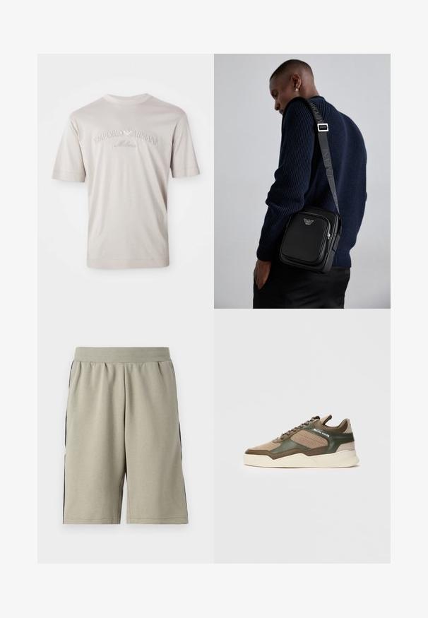 Light beige short-sleeve t-shirt made of soft fabric, featuring embroidered "Emporio Armani Milano" logo in a slightly darker shade.; Light grey, knee-length shorts made of soft fabric, featuring a black stripe along each side and an elastic waistband for comfort.; Beige and green low-top sneaker with perforated sides, white sole, lace-up front, and "FILLING PIECES" branding on the side panel.; Black leather crossbody bag with a zippered compartment, logo detail, and a branded adjustable strap. Worn against a textured navy sweater.