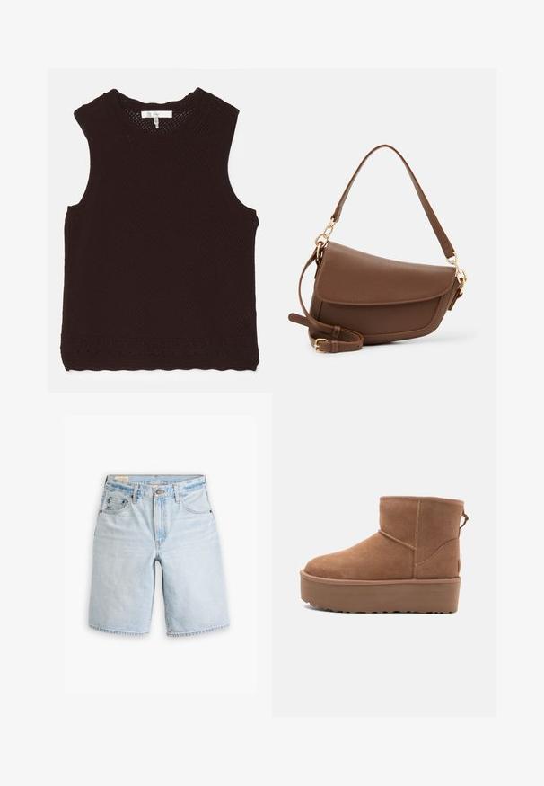 Brown, sleeveless top with a textured, open-knit design and a scalloped neckline; features decorative stitching along the hem.; Light blue denim shorts with a straight fit, featuring five pockets, belt loops, and a button closure. Soft texture with faded areas.; Tan suede ankle boot with a platform sole, rounded toe, and stitching accents; features a pull tab at the back for easy wear.; Brown leather shoulder bag with a textured finish, curved shape, gold-tone hardware, adjustable strap, and flap closure.