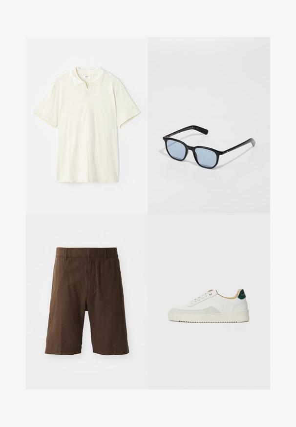 Cremefarvet polo skjorte med klassisk krave, korte ærmer og en let v-split ved halsudskæringen. Glat tekstur og minimalistisk design.; Brune linned shorts med afslappet pasform, elastisk talje og lige ben. Glat tekstur med et simpelt, rent design.; Hvide sneakers med ruskindsdetaljer, rund tå, flade snørebånd og en cremet gummisål. Har grøn branding på hælen.; Sorte solbriller med rektangulære stel, lyseblå linser og glat plastoverflade. Har smalle arme med en diskret logo detalje.